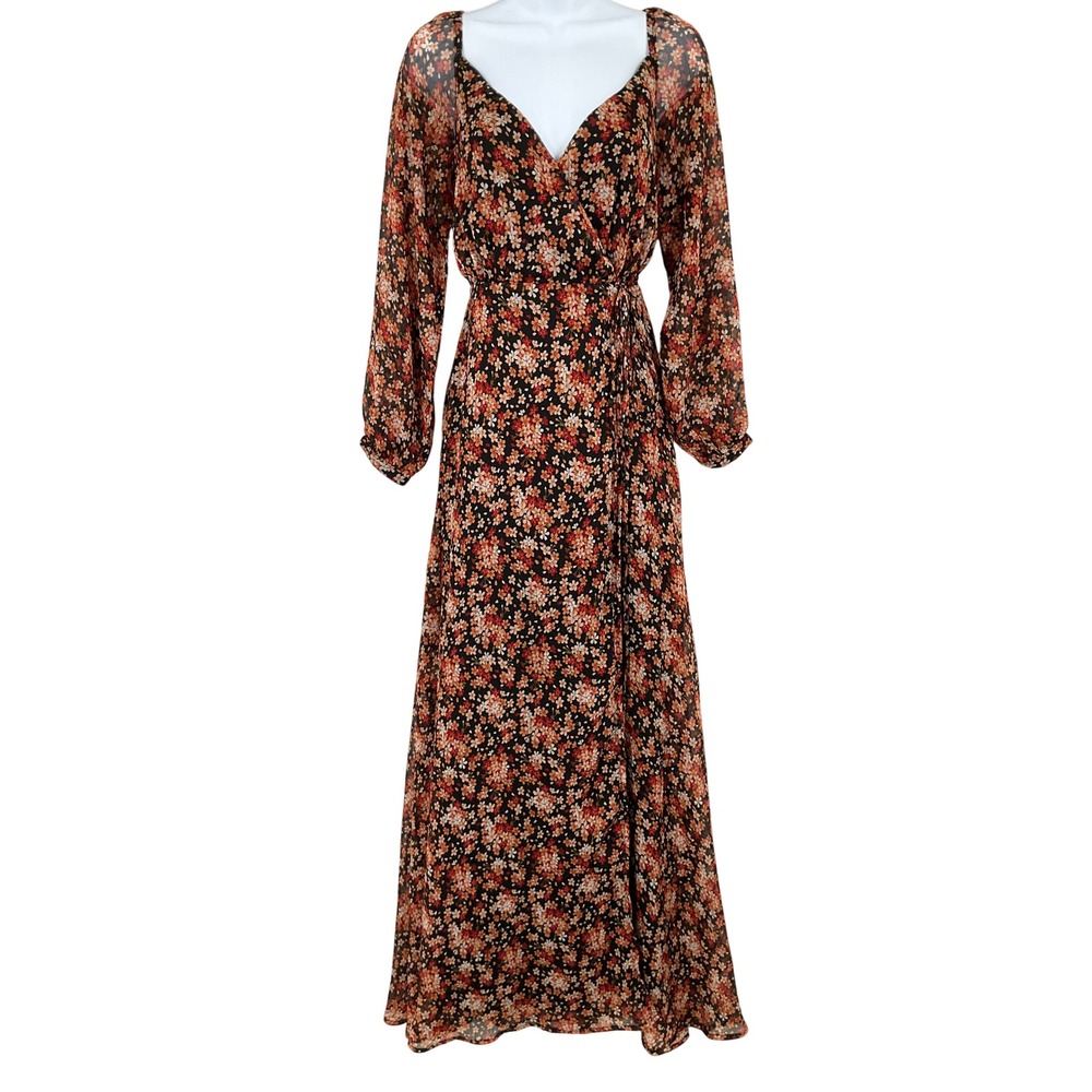 Lulus Maxi Dress Women XS Black Floral Boho Sheer Long Sleeve V-Neck Cottagecore